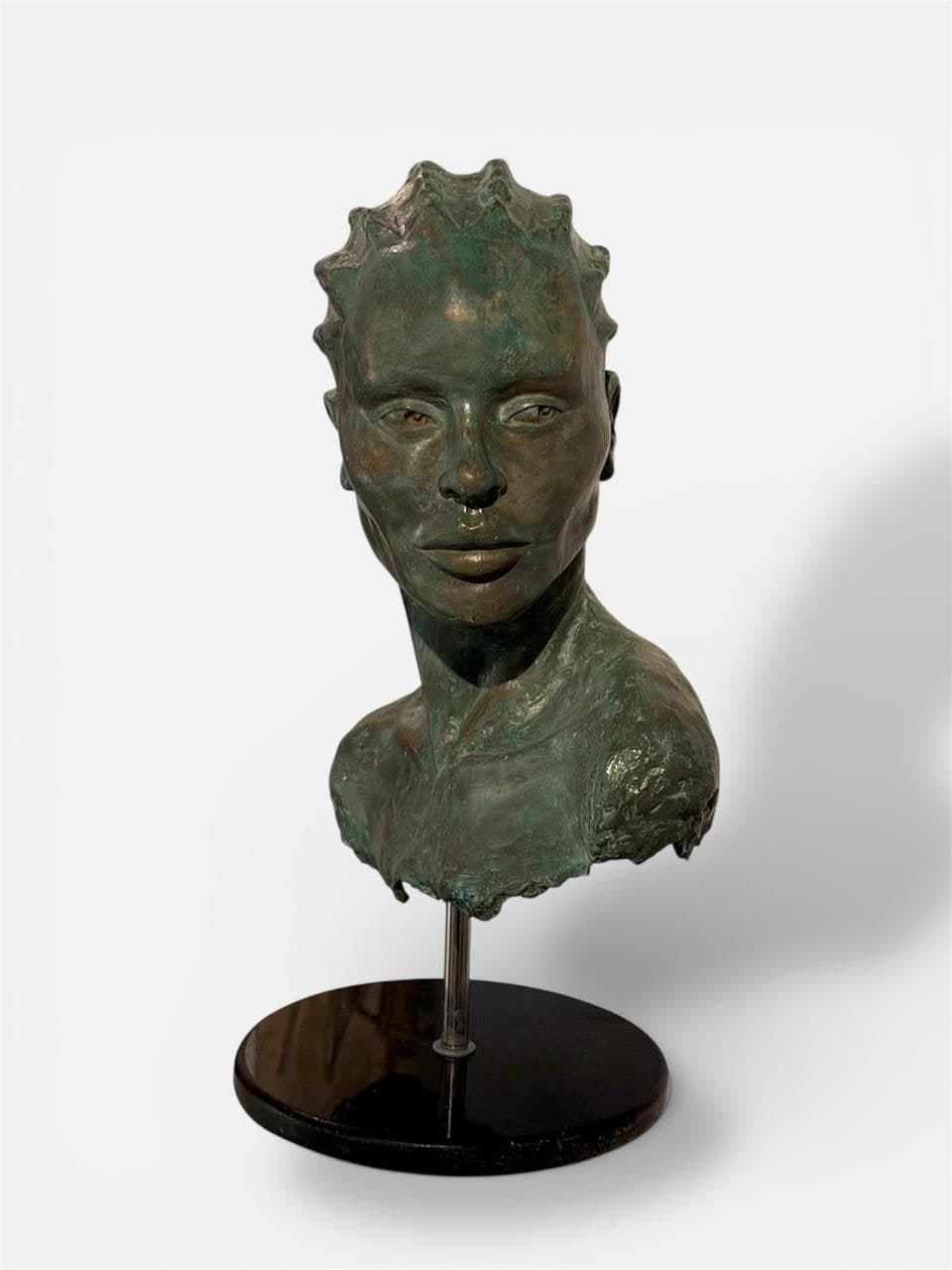 Warrior Head, Cast bronze, verdigris patina, marble base, steel mount